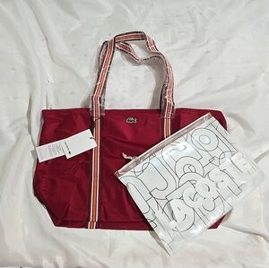 NWT Lacoste Jeanne Large Shopping Nylon Tote Bag With Pouch Red Bordeaux
